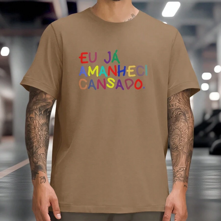 T-Shirt Phrase I ALREADY WAKE UP TIRED Personalized Short Sleeve Shirt 100% Cotton - Màu Khaki - Xem 1