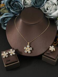 4 件套全锆石花朵吊坠项链，时尚潮流高品质闪亮不褪色珠宝套装，项链 + 耳环 + 戒指女士珠宝，婚宴节日礼物 - 彩色 - 查看 9