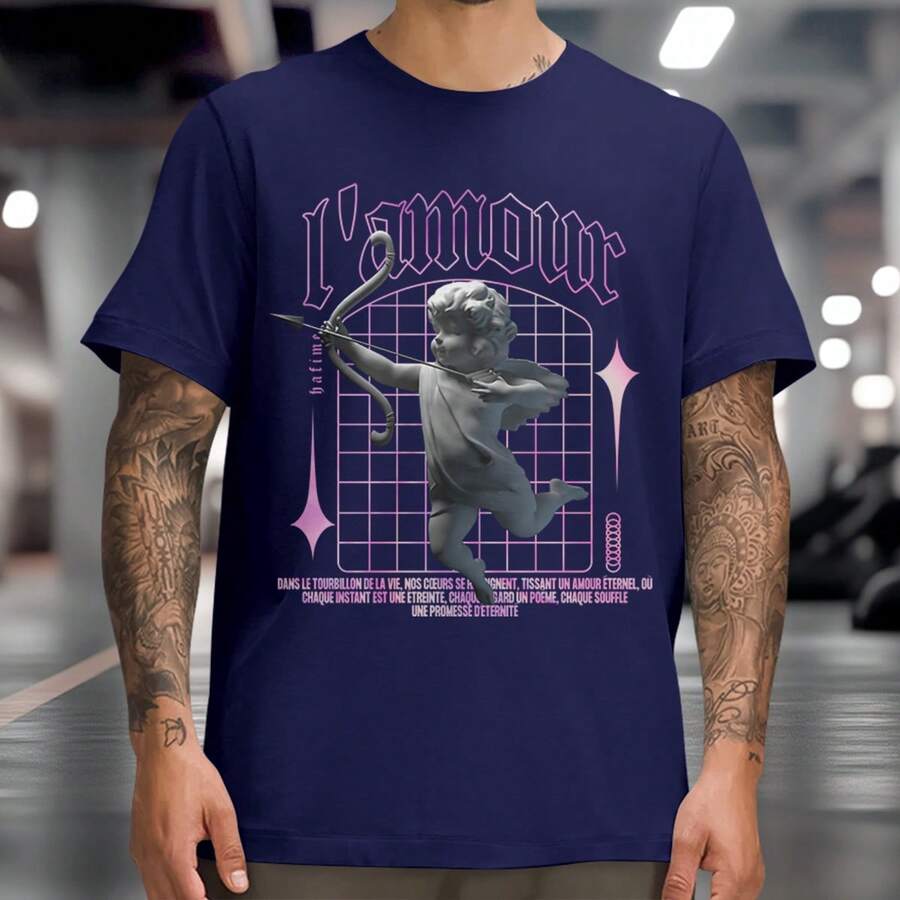 Camiseta Casual Anjo Back Cupido Lamour Camisa Anjinho Moda Streetwear 100% Algodão - Azul Marinho - Visão 1