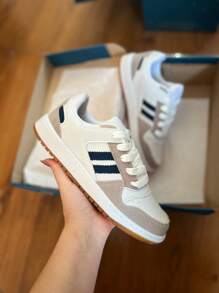 Women's Sneakers, Flat Sole, Gym, White Leather, Black, Comfortable Fashion - 藍白色 - 查看 2