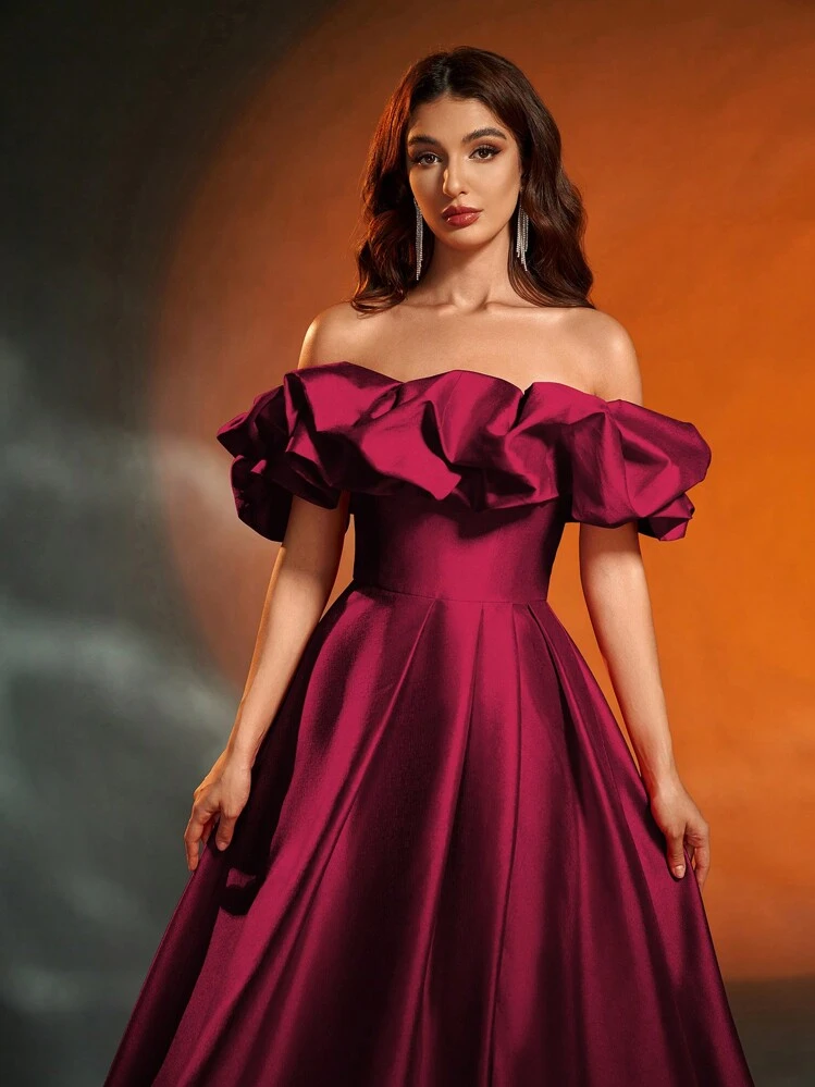 Vestido de noche formal para mujer de Anymoon con detalle de busto fruncido y bajo con abertura alta, adecuado para ocasiones formales, vestido de fiesta, vestido de invitada de boda, vestido elegante de primavera - Burdeos - Añade 7