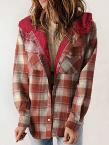 ASVIVID 女士休闲格纹翻盖口袋连帽羊毛夹克，秋冬款 - 紅色 - 查看 6