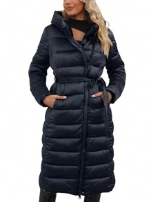 Women's Puffer Jacket Lightweight Quilted Hooded Long Alternative Coat With Belt - 藍色 - 查看 6