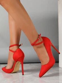 Women Suede Deer Skin Ribbon & Button Decor Stiletto High Heel Pumps, New Style For 2024, Red Color