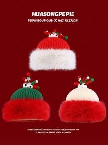 1pc Plush Reindeer Horn Christmas Hat, Warm Knitted Beanie Unisex - Multicolor - View 3