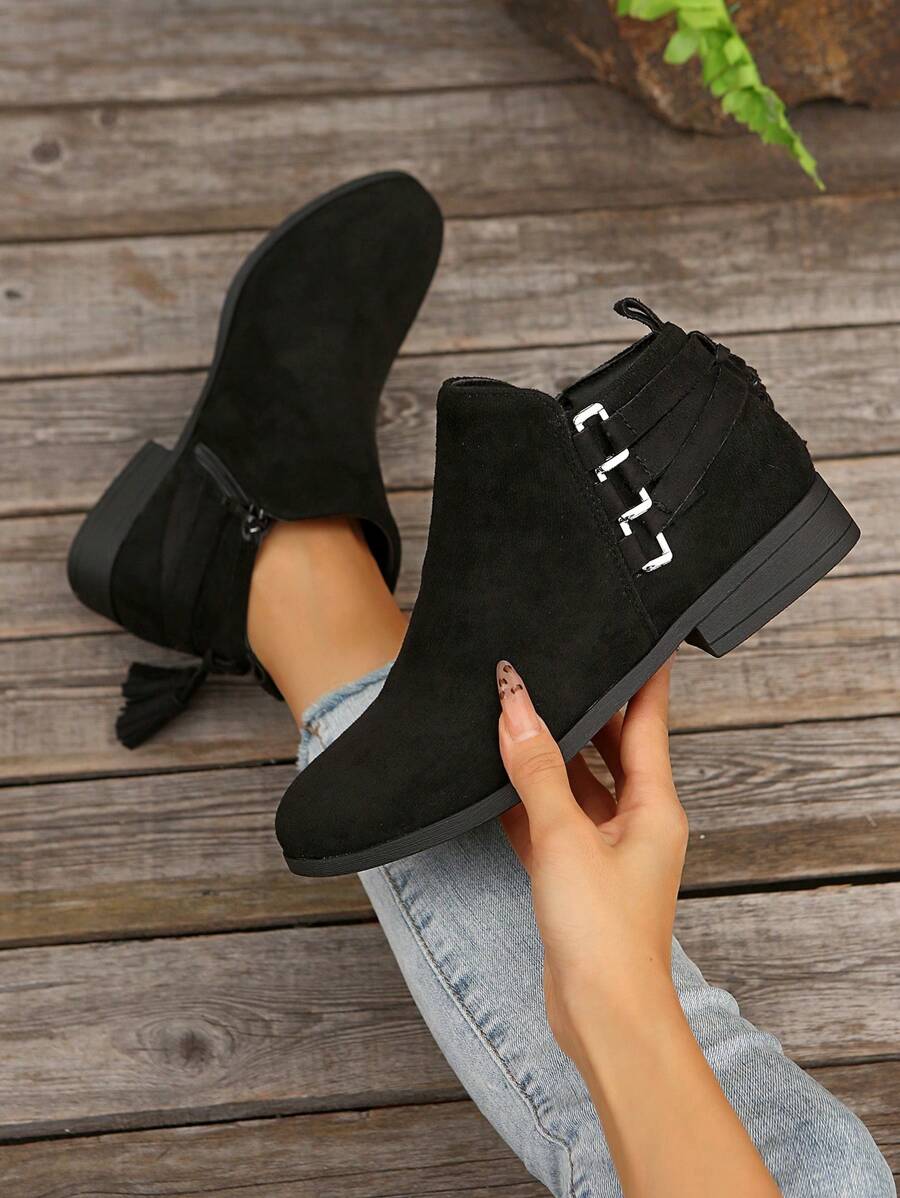 2024新款秋冬女短靴侧拉链平底松紧高筒靴筒装饰蝴蝶结休闲短靴 - 黑色 - 查看 1