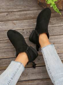2024新款秋冬女短靴侧拉链平底松紧高筒靴筒装饰蝴蝶结休闲短靴 - 黑色 - 查看 3