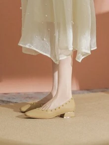 2024 春秋女士铆钉方头粗跟软底黑色玛丽珍鞋 - 卡其色 - 查看 6