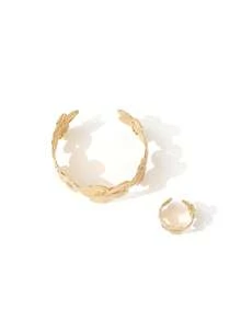 2 件/套精致花卉装饰粗戒指和金手镯，适合女性晚会/参加派对/鸡尾酒会以及节日佩戴粗珠宝配饰 - 金黃色 - 查看 7