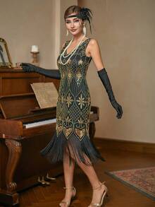 Great Gatsby 1920's Cocktail Party Retro Sequin Tassel Flapper Dress, Elegant Semi Formal Dress, For Birthday, Wedding Guest, Graduation, Dinner, Homecoming - Black - View 3