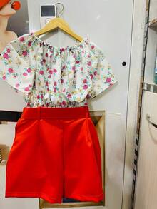 HONGDA VARIETIES One Size Shirt Set, With Elastane And Flower Print, Shorts With Belt And Pocket - 橘色 - 查看 2