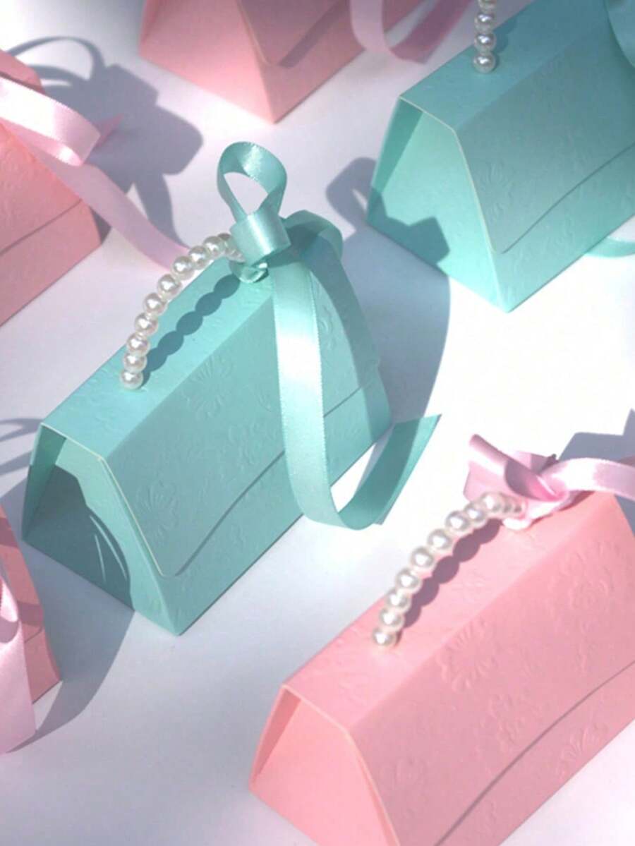 10 件/包带手柄的珍珠装饰礼品盒，用于派对礼品和礼物的礼品盒，包括丝带 - 水鴨藍 - 查看 1