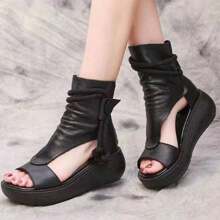 Sandalias Romanas Negras De Moda Para Mujeres Punta Abierta, Cómodas Y Antideslizantes. Tacón Inclinado Y Fondo Grueso. Ideales Para El Día A Día, Vacaciones Y Viajes - Negro - Ver 7