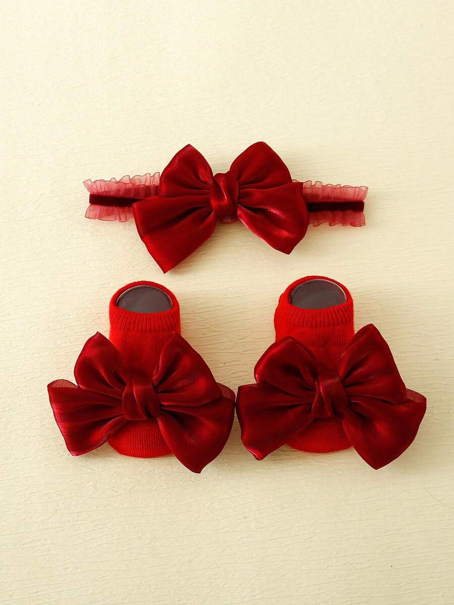 1 par de calcetines tipo bailarina con decoración de moño para niñas bebé, estilo rojo año nuevo, ideales para el uso en interiores en Navidad y Año Nuevo para bebés - Rojo - Ver 1