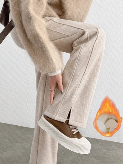 女士保暖内衬阔腿开衩裤，保暖百搭休闲直筒裤