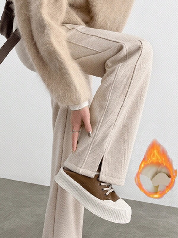 Women's Thermal Lined Wide Leg Split Hem Pants, Warm And Versatile Casual Straight Leg Trousers