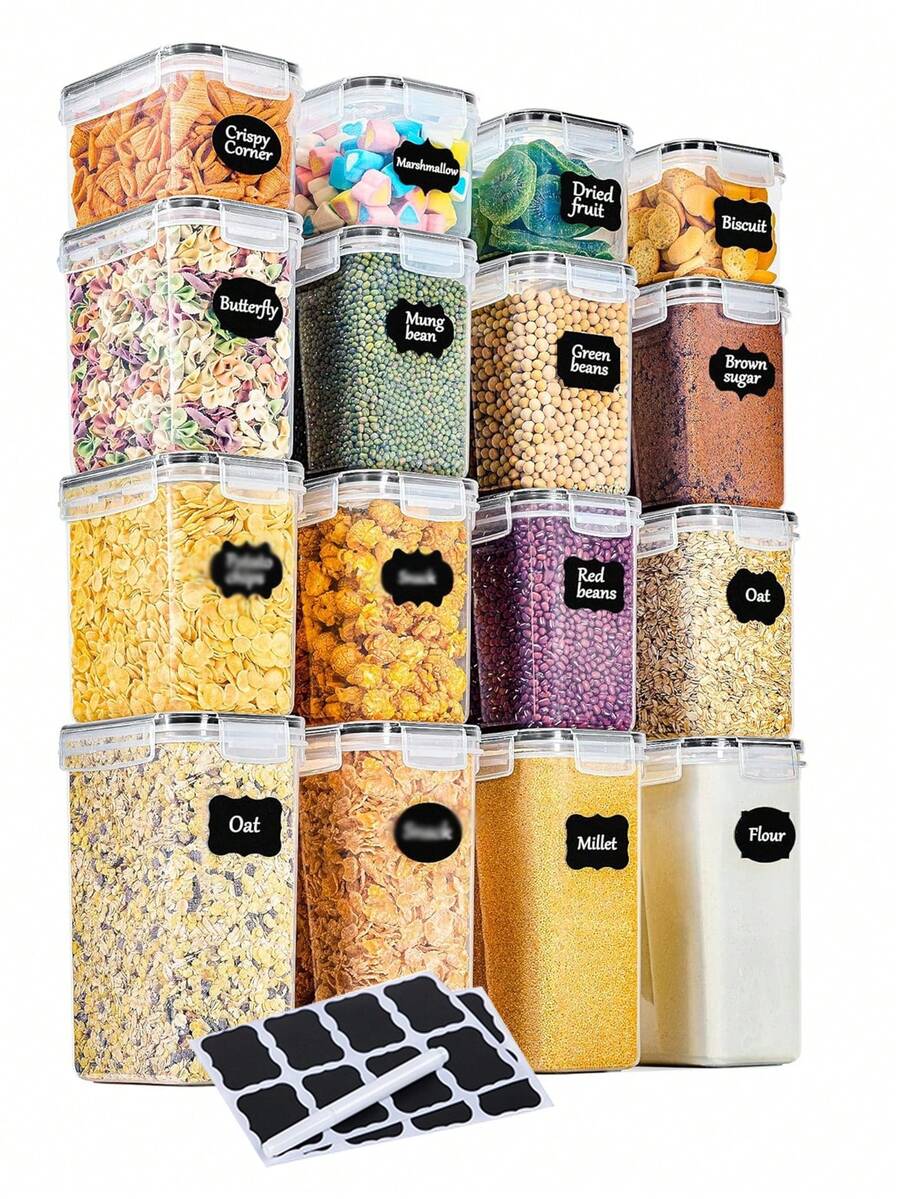 4/6/10/15/24/30/36/42pcs Food Storage Container With Lid, Transparent Food Can, Moisture-Proof Sealed Fresh-Keeping Box, Suitable For Grains, Rice, Pasta, Tea, Nuts And Coffee Beans, Plastic Food Storage Can, Household Kitchen Supplies - 黑與白 - 查看 1