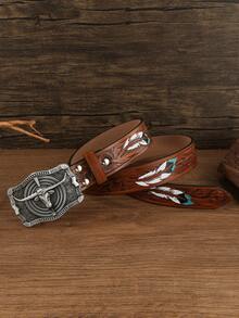 男士新款牛头扣彩色羽毛印花休闲 PU 皮革时尚腰带，时尚优雅，适合 4 季 - 棕色 - 查看 3