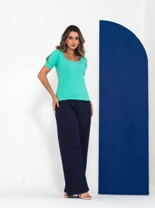 Women's Ribbed Blouse With Opening On The Sleeves - 薄荷綠 - 查看 6