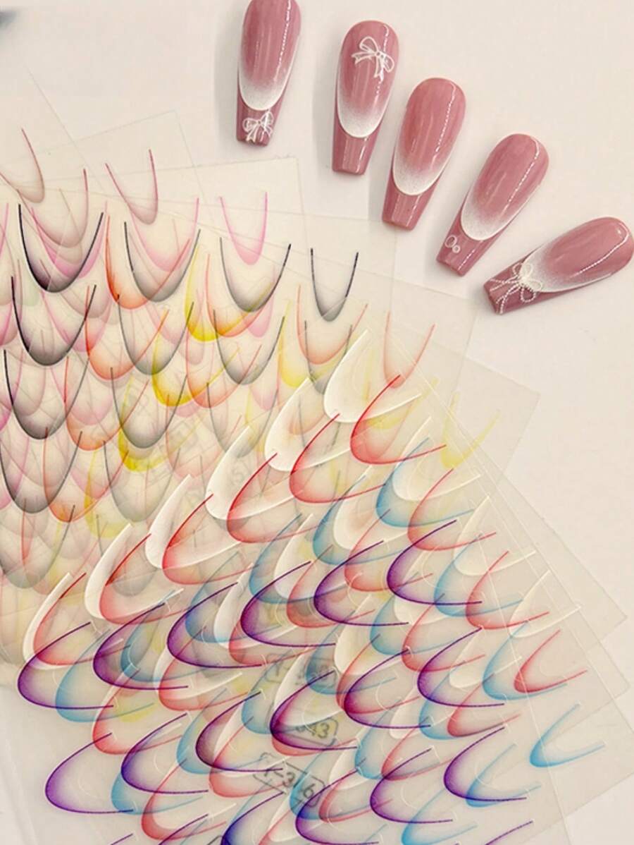 1 件 3D 彩色渐变法式指甲艺术贴纸 DIY 粘性滑块指甲油美甲贴纸贴花 - 彩色 - 查看 1