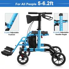 WALK MATE 2 In 1 Rollator Walker Transport Chair For Seniors, 10" Wheels Medical Rollator For Seniors With Widen Seat Backrest, Detachable & Adjustable Footrests Folding Walker Wheelchair Combo - 藍色 - 查看 7