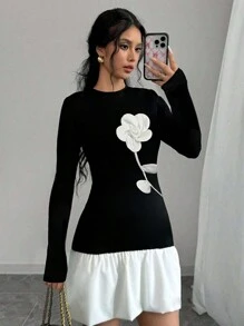 Váy bó lãng mạn họa tiết hoa thanh lịch dành cho nữ, mùa thu - màu đen - Xem 1