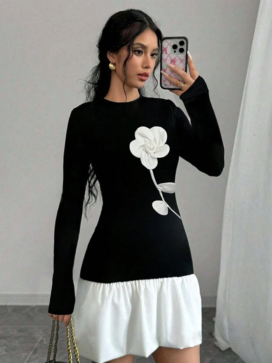 Váy bó lãng mạn họa tiết hoa thanh lịch dành cho nữ, mùa thu - màu đen - Xem 1