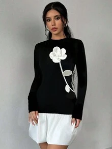 Váy bó lãng mạn họa tiết hoa thanh lịch dành cho nữ, mùa thu - màu đen - Xem 3