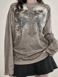 女式复古朋克骷髅印花长袖哥特式 T 恤上衣，Y2K 美学街头风格