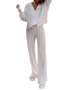 Womens Casual 2 Piece Outfits, Long Sleeve Button Down Pleated Shirt + Pants Set - Blanco - Ver 2