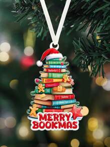 1pc Merry Bookmas Acrylic Hanging Decor - Library Book Pile, Santa Hat, Gingerbread Man, Tree Shape, Window Hanging Decoration, Decoration Gift For Book Lovers