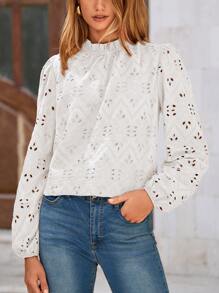 Women's Shirt Casual Embroidered Long Puff Sleeve Shirt Pleated Mesh Lace Top - 白色 - 查看 4