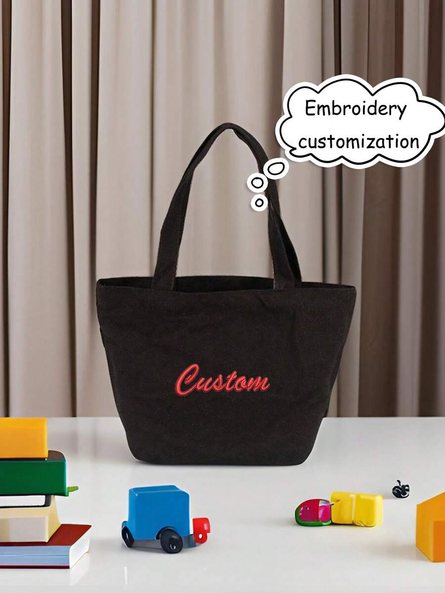 定制文字刺绣帆布手提袋，个性化手提包，购物袋，午餐袋 - 黑色 - 查看 1