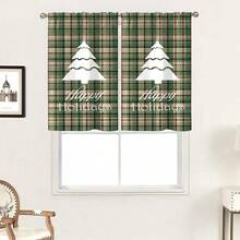 2pcs Green & White Plaid Christmas Tree Silhouette Creative Print Sheer Kitchen Window Curtains, Rod Pocket Top, Quality Polyester Fabric, Lightweight & Easy Care, Personalized Christmas Decor For Kitchen, Dining Room, Living Room, Bedroom, Balcony