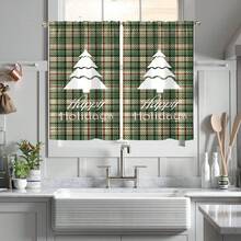 2pcs Green & White Plaid Christmas Tree Silhouette Creative Print Sheer Kitchen Window Curtains, Rod Pocket Top, Quality Polyester Fabric, Lightweight & Easy Care, Personalized Christmas Decor For Kitchen, Dining Room, Living Room, Bedroom, Balcony
