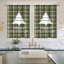 2pcs Green & White Plaid Christmas Tree Silhouette Creative Print Sheer Kitchen Window Curtains, Rod Pocket Top, Quality Polyester Fabric, Lightweight & Easy Care, Personalized Christmas Decor For Kitchen, Dining Room, Living Room, Bedroom, Balcony