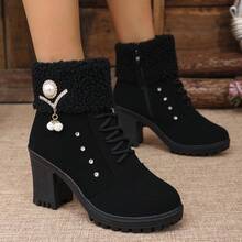 Giày cao gót nữ thời trang màu đen gợi cảm chống trượt có khóa kéo bên hông lót nhiệt đính đá lấp lánh phụ kiện ngọc trai giả Giày bốt cổ ngắn và bốt ngắn, bốt, giày cao gót, thích hợp cho tiệc khiêu vũ giải trí ngoài trời - màu đen - Xem 3