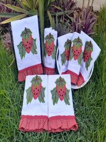 Semaninha 7 Pieces Premium Embroidered Dishcloth 100% High Quality Cotton And Absorption - Đỏ và trắng - Xem 2