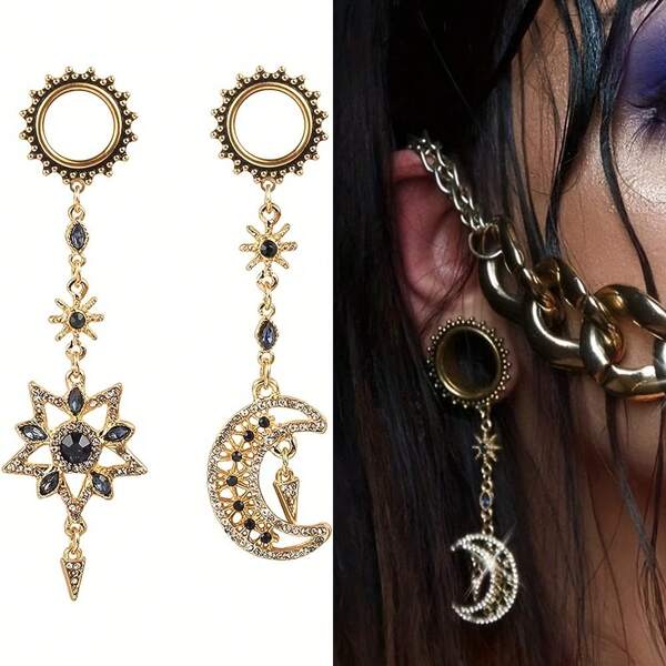 2pcs 316L Stainless Steel Elegant Women's Star & Moon Ear Gauges, 18K Golden Plated, Dangle Tunnel Earrings, Body Piercing Jewelry For Wedding, Vacation, Luxury Style
