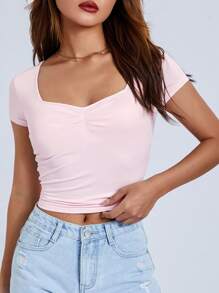 Women T-Shirt, Low-Cut Short Sleeve Pleated Solid Slim Fit Summer Tops For Casual Daily - 粉色 - 查看 2