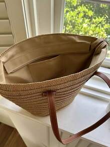 Baila Morena Straw Beach Tote Bag Women Large Faux Leather Striped Shoulder Tote Bag Hand Strap With Zipper - 米色 - 查看 6