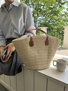 Baila Morena Straw Beach Tote Bag Women Large Faux Leather Striped Shoulder Tote Bag Hand Strap With Zipper - 米色 - 查看 2