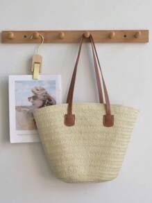 Baila Morena Straw Beach Tote Bag Women Large Faux Leather Striped Shoulder Tote Bag Hand Strap With Zipper - 米色 - 查看 3