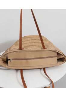 Baila Morena Straw Beach Tote Bag Women Large Faux Leather Striped Shoulder Tote Bag Hand Strap With Zipper - 米色 - 查看 5