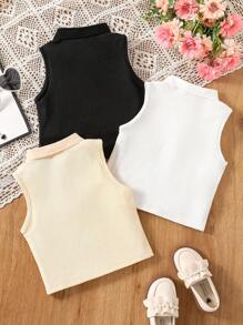 Young Girl 3pcs/Set Infant Solid Color Half Buttoned Grid Pattern Tank Top - Multicolor - View 2