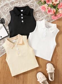 Young Girl 3pcs/Set Infant Solid Color Half Buttoned Grid Pattern Tank Top - Multicolor - View 1