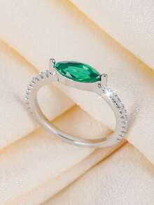 1 件复古优雅榄尖形祖母绿锆石戒指，适合女性、情人节、订婚、婚礼、日常装饰、派对、节日礼物 - 銀色 - 查看 3