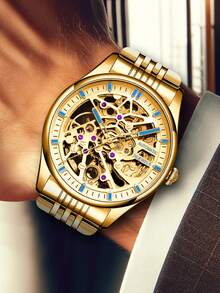 1 件男士商务休闲金色钢镂空陀飞轮豪华自动机械表 - 金色 - 查看 5