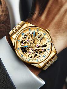 1 件男士商务休闲金色钢镂空陀飞轮豪华自动机械表 - 金色 - 查看 6