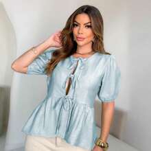 S2077 Plain Long Sleeve Blouse/Trend With Bows On The Front - 藍色 - 查看 1